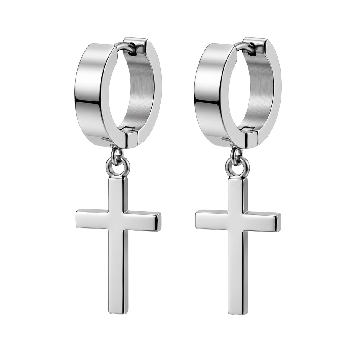 Premium Stainless Steel Cross Hoop Earrings – Polished Silver | Jhonny Foursclose
