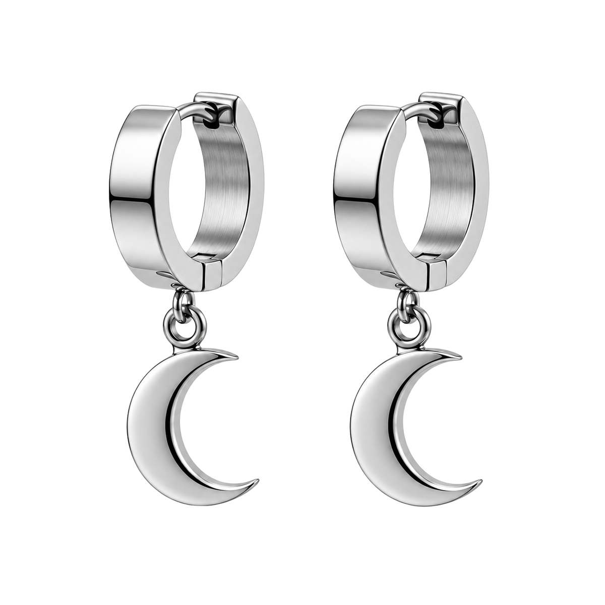 Premium Stainless Steel Crescent Moon Hoop Earrings – Polished Silver | Jhonny Foursclose